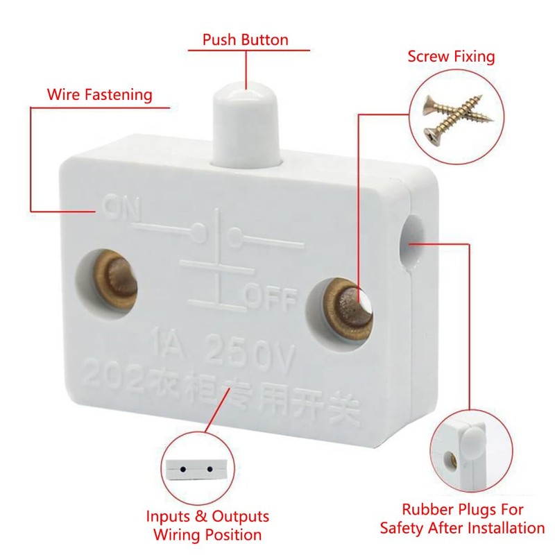 6PCS Cupboard Door Switch White 1A 250V Cupboard Light Control