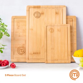 MasterChef Bamboo Cutting Boards for Kitchen, Wooden Cutting Board Set of 3, Natural, Organic & Food Safe Surface, Reversible Large, Medium & Small Wooden Chopping Boards with Juice Grooves