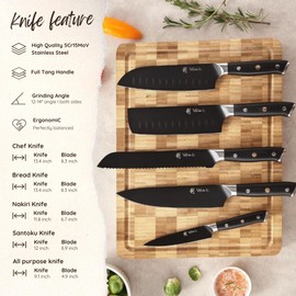 Wakoli Knife Block Sets, 5-Piece Chef Knife Set with Block - Professional Kitchen Knife Set with Magnetic Knife Block, 5Cr15MoV Stainless Steel Kitchen Knife Block Set with G10 Handles (Titanium Noir)