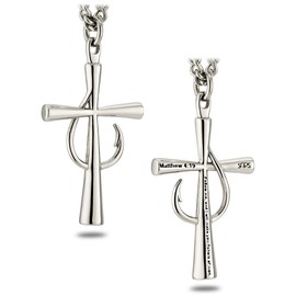 Shields of Strength Men's Fish Hook Cross Pendant Necklace Matthew 4:19 Bible Verse Faith Christian Gift Religious Chain Fishermen Fishing
