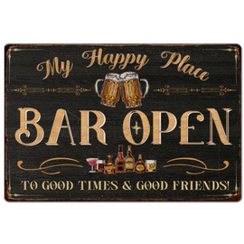 SUPERDANT Bar Tin Sign Metal Posters Metal Painting Decor Vintage Basement Decor Bar Open My Happy Place to Good Times Good Friends Bar Signs for Man Cave Pub Wall Decoration
