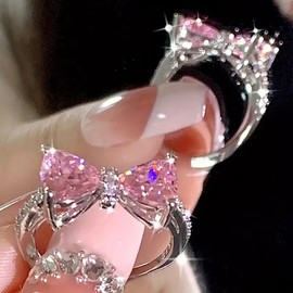 1pc Y2k Style Ring Trendy Bow Knot Design Inlaid Pink Zircon Adjustable Jewelry Match Daily Outfits Sweet Gift