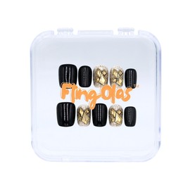 Fling Olas Press-on Nails, Short Nails, Reusable, Handmade with UV Finish, False Nails, Classic Cute Nail Kit for Women, Black and Gold, Midnight Gold, Medium Size