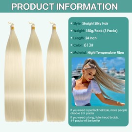 Locescsoc 613 Inch Straight Hair Extensions 150 g 3 Packs Bone Straight Braiding Hair, Blonde Ariel Straight Ponytail Hair Bundles, Ombre Soft Synthetic Crochet Box Braids for Women (613#)