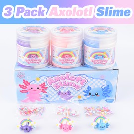 3 Pack Axolotl Cloud Slime, with Pink, Blue, Purple Axolotl Charms, Scented Slime Party Favor for Girls & Boys, Super Soft, Idea Birthday Gifts, Goodie Bag Stuffers, Classroom Rewards for Kids