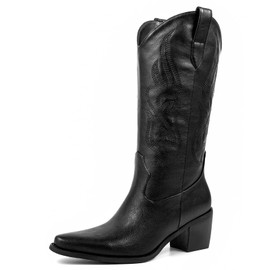 Pasuot Black Cowboy Boots for Women - Cowgirl Western Mid Calf Boots with Embroidery, Pointed Toe Retro Chunky Heel Slip On Fashion Classic Short Boots Pull On for Ladies Summer Fall US 8.5