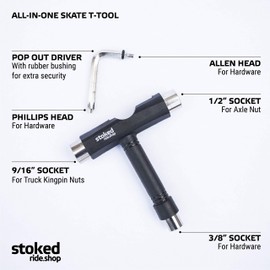Stoked Skate Tool All in One Multi-Function T Tool for Skateboard & Longboards | Complete with Allen Hex Key, Phillips Head Screwdriver & Wrench for Tightening and Adjusting Hardware | Black