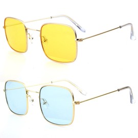 Bsreyeop Trendy Rectangle Sunglasses for Women Men Retro Small 90s Square Sun Glasses Metal Frame Candy Color Lens (2 Park: Gold Yellow & Blue C1)
