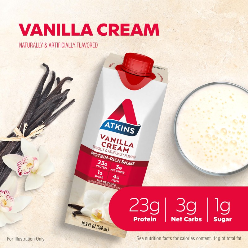 Atkins Vanilla Cream Meal Size Protein Shake, 23g Protein, Low