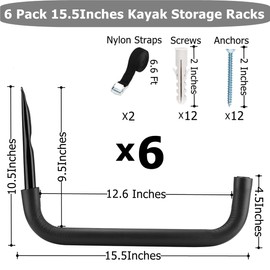 Heavdace 6 Pack Kayak Storage Racks, 15.5Inch Heavy Duty Garage Storage SUP Hooks, Wall Mount Surfboards Hanger