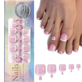120Pcs White French Tip Press on Toenails Short Square Fake Toes Pink Press on French Toenail Tips 3 IN 1 Soft Gel Tips for Women Girls Foot Manicure