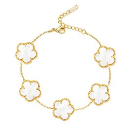 Galeuneon 18K Gold Plated Clover Bracelet |Adjustable Bracelets| Lucky Flower Cute Link Bracelets Jewelry Gifts for Women(White)