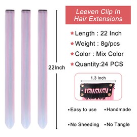 24 PCS Colored Hair Extensions Clip in 22 Inch Mix Color Long Straight Clip on Synthetic Hairpieces Colorful Party Highlights Hair Accessories Cosplay Christmas for Women