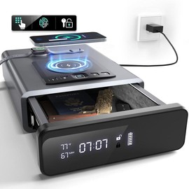 Grimtron Biometric Safe with LED Clock (Doj Certified) with 2-in-1 Watch & Phone Wireless Charging, Backlit Keypad, LED Light, Desk Nightstand Auto Pop-up Unlock (0.23 cu.ft.) Version 2.0 - Color: Gray