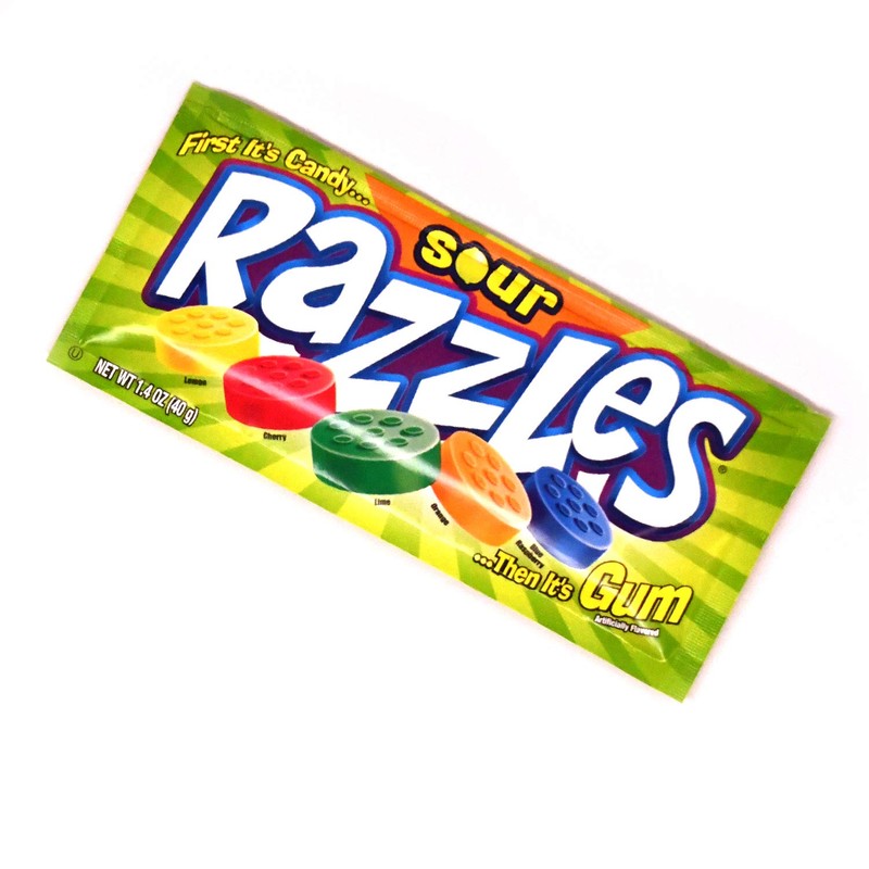 Sour Razzles Candy/Gum, Box of 24 1.4-Ounce Bags