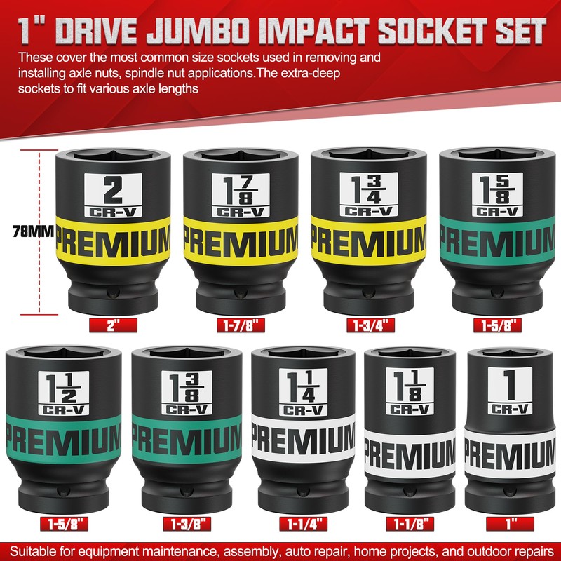 KIRXST 1" Drive Jumbo Impact Socket Set, SAE Axle Nut