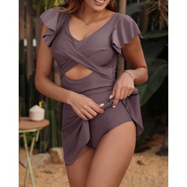 Yonique Women Swimsuits with Skirt - One Piece Tummy Control Swim Dress Cutout Bathing Suits Brown XX-Large