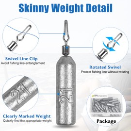 Pencil Fishing Weight Skinny Sinker Lead Drop Weights Kit Wacky Rig Weights Sinkers for Bass Trout Crappie Catfish 5g 7g 10g 15g 20g
