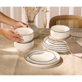 Vase and Vessel Ceramic Dinnerware Set, 12-Piece Service for 4, Round, Microwave and Dishwasher Safe, Cambridge Classics (French)