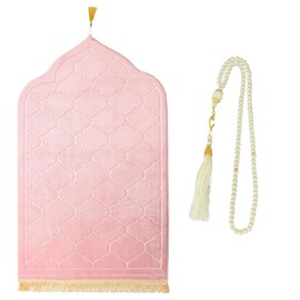 CRFASIBE Muslim Prayer Mat with Beads, Soft Flannel Prayer Rugs, Islamic Sajadah Embossed Tassel Prayer Carpet, Ramadan Gift Set Turkish Prayer Blankets(Pink)