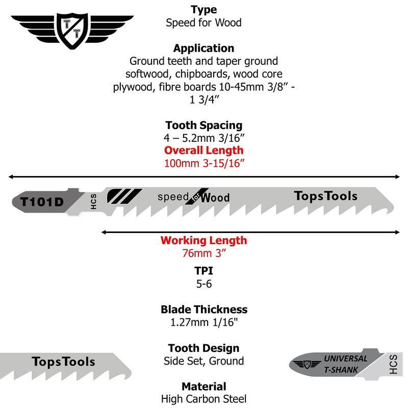15 x TopsTools T101D 100mm Jigsqw Blades Designed for Clean