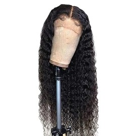 Hxxcoup Human Hair Wig Water Wave Natural Black 13 x 4 Lace Front Real Hair Wig Women's Glueless Wear and Go Blenched Knots with Baby Hair for Woman Minimal Smell 32 Inches (81 cm)