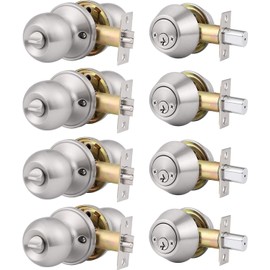 Brotima 4 Pack Keyed Alike Door Lock Set with Deadbolt, Satin Nickel Finished Double Cylinder Deadbolt Lock Set, Security Round Style Entry Door Knobs