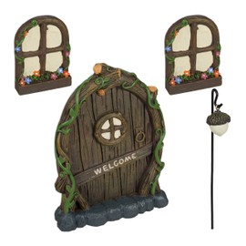 Relaxdays Fairy Door, 4-Piece Set, 2 Gnome Windows, 1 Gnome Light, Weatherproof Garden Decoration, Gnome Door, Artificial Stone, Colourful