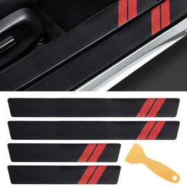 Car Door Sill Protector, Carbon Fiber Texture Threshold Sticker, Car Door Edge Guard with Scraper, Front/Rear Car Door Sill Protector Strip, Door Entry Guard Decoration Accessories (Red, 5PCS)