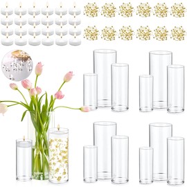 PNJHDZ Set of 12 Glass Cylinder Vases for Centerpieces with 80000 Water Beads 12 Pearl String 24 White Floating Candles for Centerpieces, Table Centerpieces for Wedding Party Home Decor 5, 6, 8 Inch