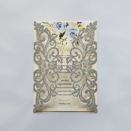 25PCS Silver Glitter Laser Cut Wedding Invitations Cards with Envelopes,Blank Inner Sheets,Ribbons for Wedding Bridal Shower Quinceañera Engagement Birthday Invites