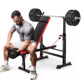 Weight Bench Workout Bench Multi-Function with Preacher Curl Pad and Squat Rack
