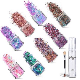 Face Glitter Festival, 8 Color Face Body Glitter Cosmetic Glitter, Hair Glitters with Glue and Brush for Face and Body Makeup, Festival and Party Beauty Makeup (8PC)