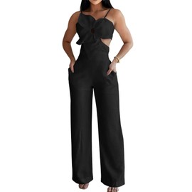 CHICME BEST SHOPPING DEALS Women Floral Pattern Jumpsuit Sleeveless Hollow Out Shirred Black Romper Casual Wide Leg Overall with Pockets Black-L