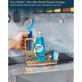 Consumest Sink Caddy, Kitchen Sponge Holder with Dish Brush Holder, Kitchen Sink Organizer with Drip Tray for Countertop, Stainless Steel Rustproof - Gold