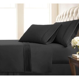 TRP 4 Piece Modern & Contemporary Classic 21-Inch Extra Deep Pocket Pleated Sheet Set Fully Elasticized Fitted Sheet 110 GSM Microfiber Fabric Farmhouse Bedding All Season Black Bed Sheets Queen