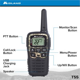 Midland - X-TALKER T55VP3, 22 Channel FRS Walkie Talkie - Up to 28-Mile Range Two-Way Radio, 38 Privacy Codes, NOAA Weather Alert (Pair Pack) (Black w/Mossy Oak Camo)