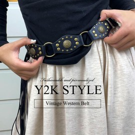 LumiSyne Vintage Western Belts Women Wide Disc Leather Belt Studded Lacing Style Cowgirl Waist Belt y2k Grunge Accessories