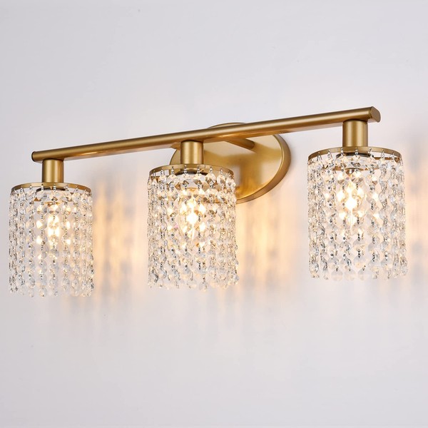 Luburs Gold Bathroom Light Fixtures,Crystal 3-Light Gold Bathroom Vanity Light,Crystal Bathroom Lights Over Mirror,Modern Vanity Lights for Bathroom