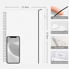 RETTACY Squared Paper Notebook A4 Journal,Large Notepad with Grid Graph Paper 110 Pages Spiral Notebook，PVC Pocket, Pen Loop, Ruler, Bookmark for Women Work Office School, 21.5 x 27.9cm- Transparent