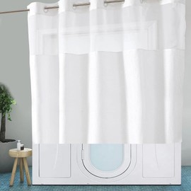 Gipsighila Short Shower Curtain 60 inch, White Waffle Shower Curtain for Step in Tub or Walkin Tub, See Through Shower Curtain with Window with No Hooks 71x60''