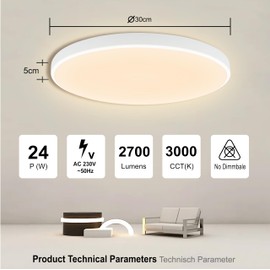 EACLL Ceiling Light LED Ceiling Light Diameter 30 cm 24 W 3000 K 2700 lm IP44 Round Warm White Modern Ceiling Lamp Simple White Not Dimmable for Bedroom Hallway Cellar Balcony Bathroom Kitchen