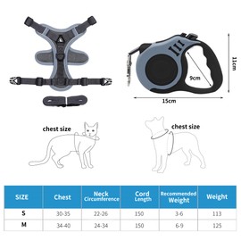 QKTYB Cat Harness and Cat Lead Set, Automatic Retractable Dog Lead with Harness for Cats, Escape Proof Cat Lead, Cat Harness Set with Lead for Cats, Kittens, Dogs (M, Grey)