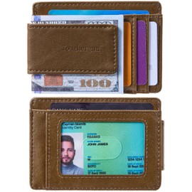Toughergun Slim Minimalist Wallet for Men with Magnetic Money Clip Leather Wallet, Credit Card Holder RFID Blocking Front Pocket Holds Cash and Cards（Wax Brown）
