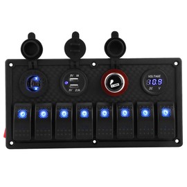 8 Gang Car Rocker Switch Panel with Blue LED Light Indicator, USB, Voltmeter for Boat, Ship, Car, 12V-24V Vehicles