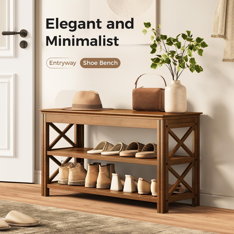 Shoe Rack Bench with Storage 3 Tier Bamboo Shoe Bench