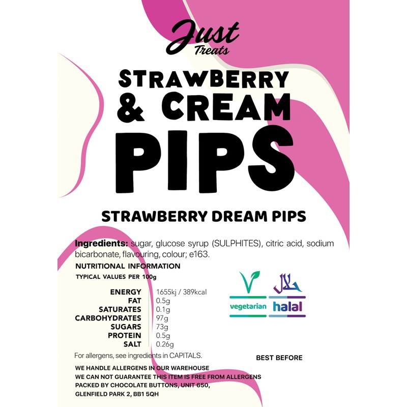 Just Treats Strawberry and Cream Pips (500g Share Bag)