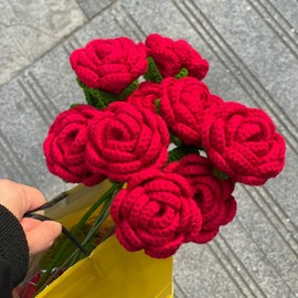 Crochet Flowers, Knitted Roses Flowers, Handmade Crochet Roses Bouquet, Artificial Flowers, Home Desk Decor, Flowers for Women Valentine'S Day & Mother'S Day (Red, 4)