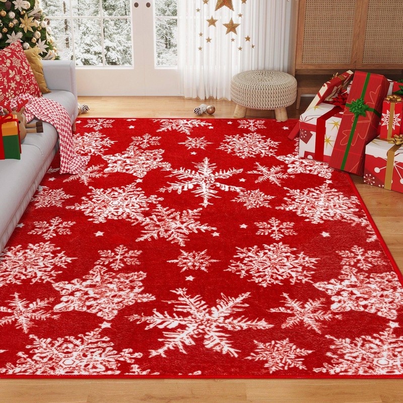 PureCozy Red Area Rug 5x7 Christmas Living Room Rug Snowflake