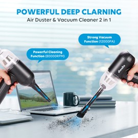 Compressed Air Duster & Vacuum- Keyboard Cleaner with Rechargeable Battery- 180° Rotatable and 3-Gear to 80000RPM/120000PA Compressed Air Can, Cordless Air Blower for Computer, Car (Upgrade)